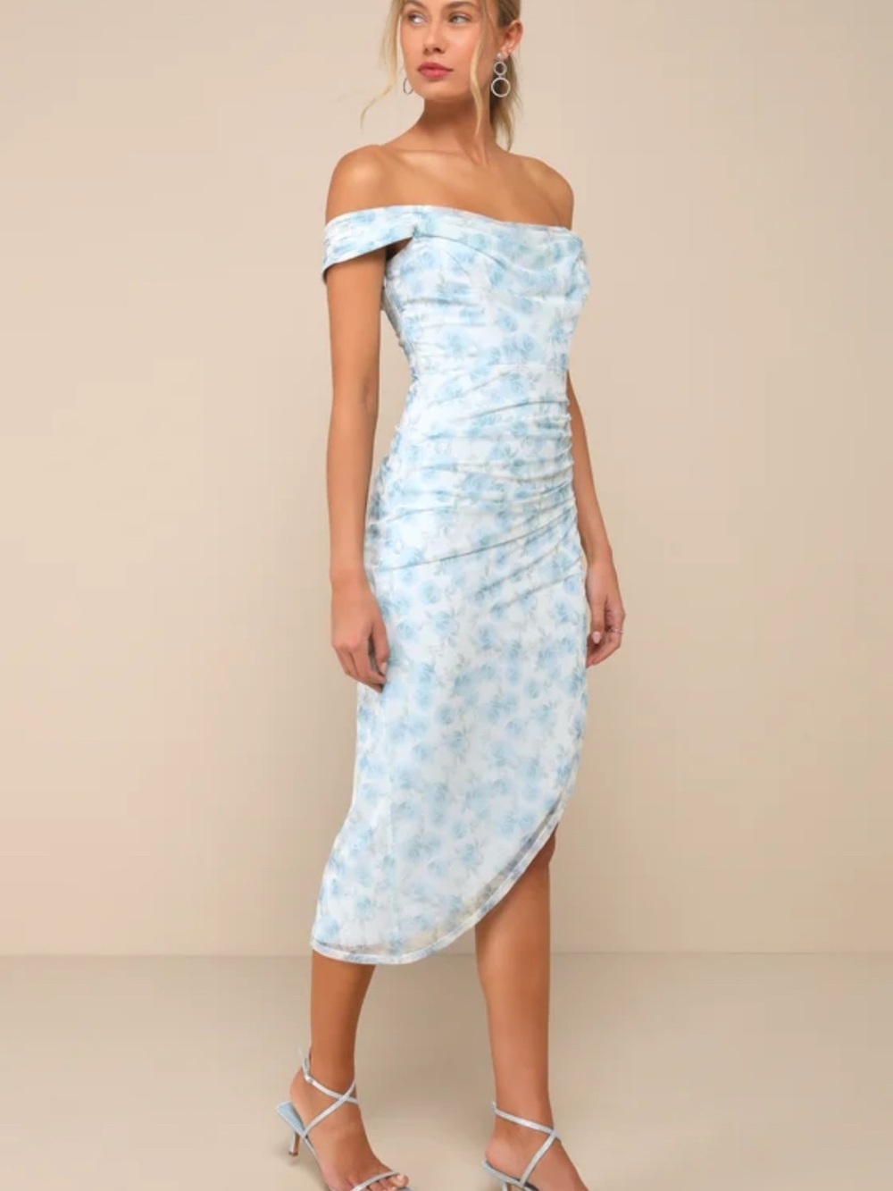 Lulu's Pale Blue Off-Shoulder Floral Midi Dress